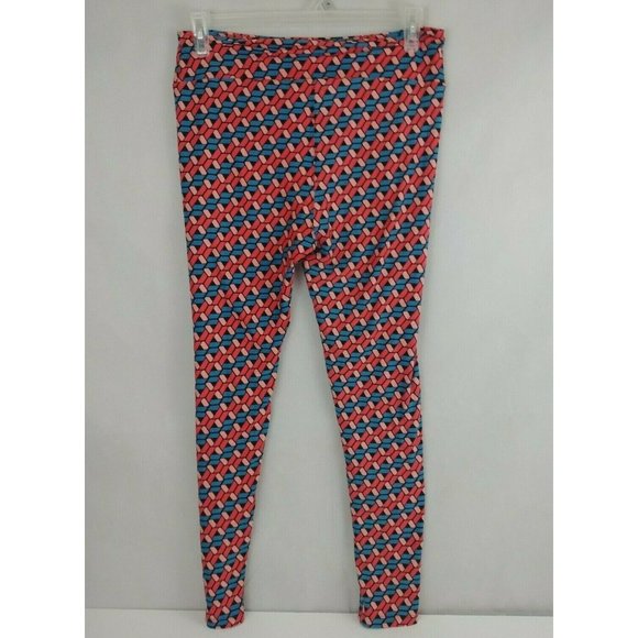 Lularoe Tall And Curvy Leggings Black With Blue & Pink Geometric Ribbons - Picture 2 of 6